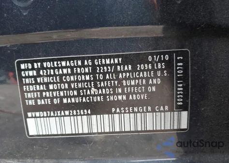 2010 Volkswagen Golf 4-Door из США, поврежденный, VIN WVWDB7AJXAW283694